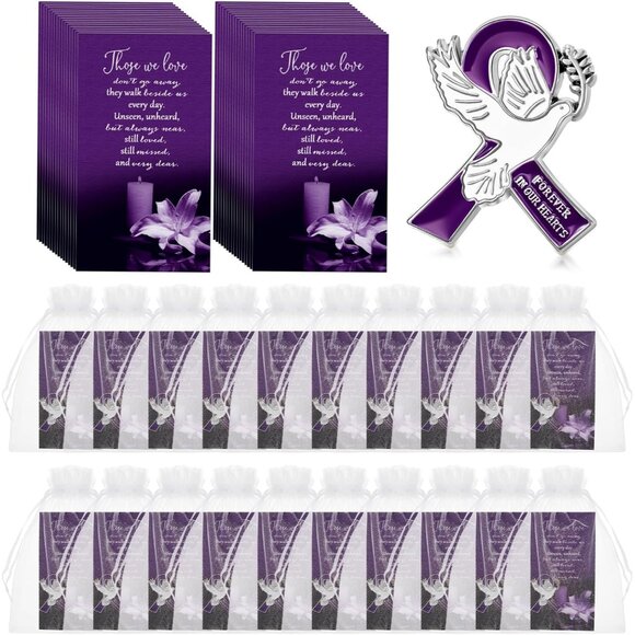 Purple Dove Funeral Ribbon Pins Set with Prayer Cards & Organza Bags - 60 Pieces